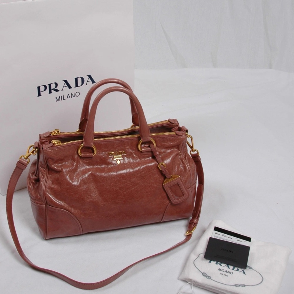 Prada Vitello Shine Double Zip Shopping Tote Satchel BN2324 AN G2U Excellent